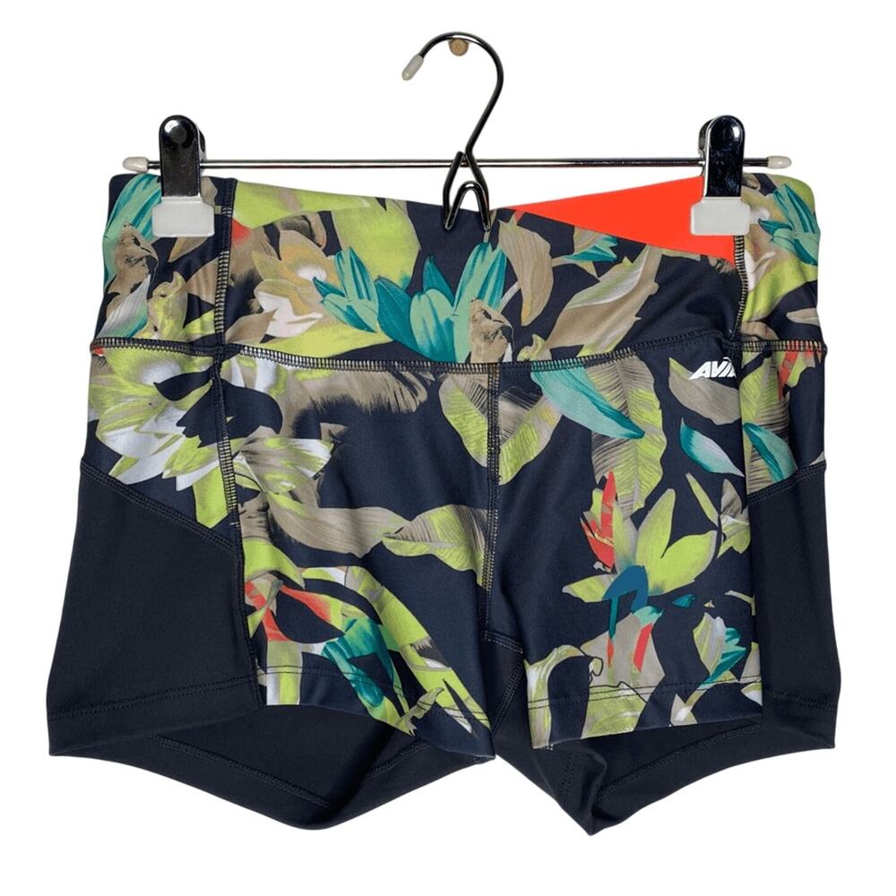 Avia Floral Athletic Spandex Workout Biker Shorts Medium Gray Orange Tropical